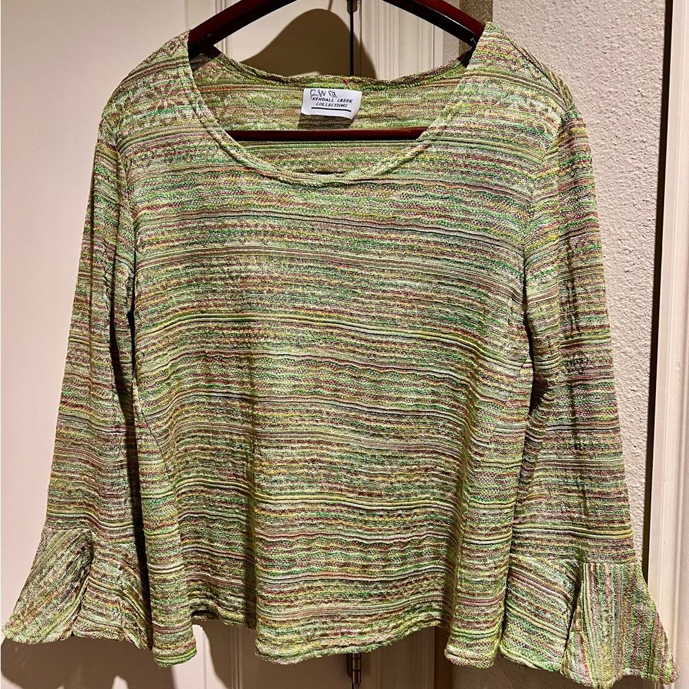 Boho Green Pink Bell Sleeve Women's Blouse - Picture 2 of 14